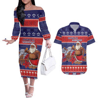 Samoa Christmas Couples Matching Off The Shoulder Long Sleeve Dress and Hawaiian Shirt Samoan Santa Claus Manuia Le Kerisimasi LT05 Blue - Polynesian Pride