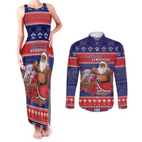 Samoa Christmas Couples Matching Tank Maxi Dress and Long Sleeve Button Shirt Samoan Santa Claus Manuia Le Kerisimasi LT05 Blue - Polynesian Pride