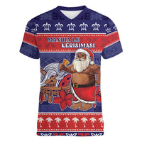 Samoa Christmas Women V-Neck T-Shirt Samoan Santa Claus Manuia Le Kerisimasi LT05 Female Blue - Polynesian Pride
