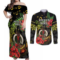 Love Vanuatu Christmas Couples Matching Off Shoulder Maxi Dress and Long Sleeve Button Shirt God Yumi Polynesian Tribal Pattern LT05 Black - Polynesian Pride