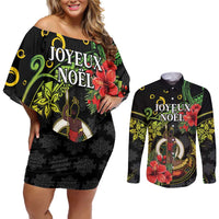 Love Vanuatu Christmas Couples Matching Off Shoulder Short Dress and Long Sleeve Button Shirt God Yumi Polynesian Tribal Pattern LT05 Black - Polynesian Pride