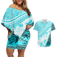 Hawaiian Tapa Couples Matching Off Shoulder Short Dress and Hawaiian Shirt Traditional Vintage Pattern Aqua LT05 Aqua - Polynesian Pride
