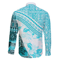 Hawaiian Tapa Family Matching Off Shoulder Long Sleeve Dress and Hawaiian Shirt Traditional Vintage Pattern Aqua LT05 - Polynesian Pride