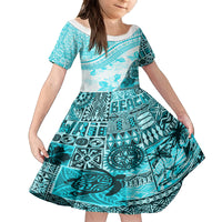Hawaiian Tapa Family Matching Puletasi Dress and Hawaiian Shirt Traditional Vintage Pattern Aqua LT05 Daughter's Dress Aqua - Polynesian Pride