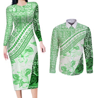 Hawaiian Tapa Couples Matching Long Sleeve Bodycon Dress and Long Sleeve Button Shirt Traditional Vintage Pattern Green LT05 Green - Polynesian Pride