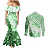 Hawaiian Tapa Couples Matching Mermaid Dress and Long Sleeve Button Shirt Traditional Vintage Pattern Green LT05 - Polynesian Pride