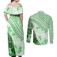 Hawaiian Tapa Couples Matching Off Shoulder Maxi Dress and Long Sleeve Button Shirt Traditional Vintage Pattern Green LT05 - Polynesian Pride