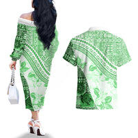 Hawaiian Tapa Couples Matching Off The Shoulder Long Sleeve Dress and Hawaiian Shirt Traditional Vintage Pattern Green LT05 - Polynesian Pride
