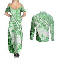 Hawaiian Tapa Couples Matching Summer Maxi Dress and Long Sleeve Button Shirt Traditional Vintage Pattern Green LT05 - Polynesian Pride
