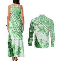Hawaiian Tapa Couples Matching Tank Maxi Dress and Long Sleeve Button Shirt Traditional Vintage Pattern Green LT05 - Polynesian Pride