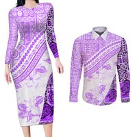 Hawaiian Tapa Couples Matching Long Sleeve Bodycon Dress and Long Sleeve Button Shirt Traditional Vintage Pattern Violet LT05 Violet - Polynesian Pride