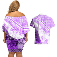 Hawaiian Tapa Couples Matching Off Shoulder Short Dress and Hawaiian Shirt Traditional Vintage Pattern Violet LT05 - Polynesian Pride
