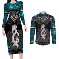 New Zealand Aotearoa Couples Matching Long Sleeve Bodycon Dress and Long Sleeve Button Shirt Maori Taniwha Paua Shell LT05 Black - Polynesian Pride