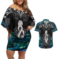 New Zealand Aotearoa Couples Matching Off Shoulder Short Dress and Hawaiian Shirt Maori Taniwha Paua Shell LT05 Black - Polynesian Pride