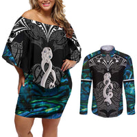 New Zealand Aotearoa Couples Matching Off Shoulder Short Dress and Long Sleeve Button Shirt Maori Taniwha Paua Shell LT05 Black - Polynesian Pride