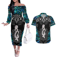 New Zealand Aotearoa Couples Matching Off The Shoulder Long Sleeve Dress and Hawaiian Shirt Maori Taniwha Paua Shell LT05 Black - Polynesian Pride