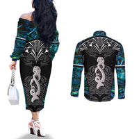 New Zealand Aotearoa Couples Matching Off The Shoulder Long Sleeve Dress and Long Sleeve Button Shirt Maori Taniwha Paua Shell LT05 - Polynesian Pride