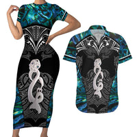 New Zealand Aotearoa Couples Matching Short Sleeve Bodycon Dress and Hawaiian Shirt Maori Taniwha Paua Shell LT05 Black - Polynesian Pride