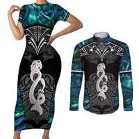 New Zealand Aotearoa Couples Matching Short Sleeve Bodycon Dress and Long Sleeve Button Shirt Maori Taniwha Paua Shell LT05 Black - Polynesian Pride