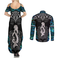 New Zealand Aotearoa Couples Matching Summer Maxi Dress and Long Sleeve Button Shirt Maori Taniwha Paua Shell LT05 - Polynesian Pride
