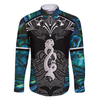 New Zealand Aotearoa Family Matching Long Sleeve Bodycon Dress and Hawaiian Shirt Maori Taniwha Paua Shell LT05 Dad's Shirt - Long Sleeve Black - Polynesian Pride
