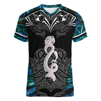 New Zealand Aotearoa Women V-Neck T-Shirt Maori Taniwha Paua Shell LT05 Female Black - Polynesian Pride