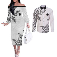 Custom New Zealand Football Couples Matching Off The Shoulder Long Sleeve Dress and Long Sleeve Button Shirt Aotearoa Pride LT05 White - Polynesian Pride