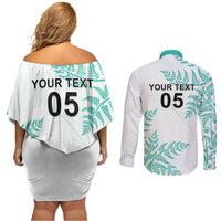 Custom New Zealand Football Couples Matching Off Shoulder Short Dress and Long Sleeve Button Shirt Aotearoa Pride Aqua Version LT05 - Polynesian Pride