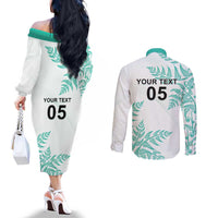 Custom New Zealand Football Couples Matching Off The Shoulder Long Sleeve Dress and Long Sleeve Button Shirt Aotearoa Pride Aqua Version LT05 - Polynesian Pride