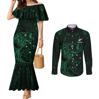 Custom New Zealand Fishing Couples Matching Mermaid Dress and Long Sleeve Button Shirt Maori Tribal Pattern LT05 Black - Polynesian Pride