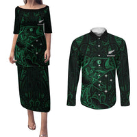 Custom New Zealand Fishing Couples Matching Puletasi and Long Sleeve Button Shirt Maori Tribal Pattern LT05 Black - Polynesian Pride