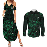 Custom New Zealand Fishing Couples Matching Summer Maxi Dress and Long Sleeve Button Shirt Maori Tribal Pattern LT05 Black - Polynesian Pride