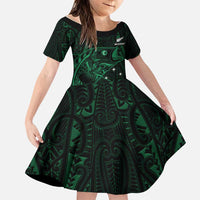 Custom New Zealand Fishing Family Matching Puletasi and Hawaiian Shirt Maori Tribal Pattern LT05 Daughter's Dress Black - Polynesian Pride