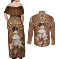 Bula Fiji Women's Day Couples Matching Off Shoulder Maxi Dress and Long Sleeve Button Shirt With Fijian Tapa Pattern LT05 - Polynesian Pride