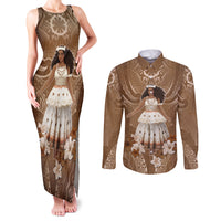 Bula Fiji Women's Day Couples Matching Tank Maxi Dress and Long Sleeve Button Shirt With Fijian Tapa Pattern LT05 Brown - Polynesian Pride