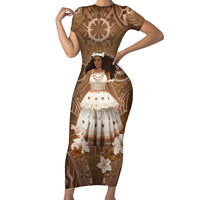 Bula Fiji Women's Day Short Sleeve Bodycon Dress With Fijian Tapa Pattern LT05 Long Dress Brown - Polynesian Pride