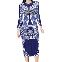 Personalised Tonga Queen Salote College Family Matching Long Sleeve Bodycon Dress and Hawaiian Shirt Centenary Navy Version LT05 Mom's Dress Navy - Polynesian Pride