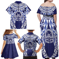 Personalised Tonga Queen Salote College Family Matching Off Shoulder Maxi Dress and Hawaiian Shirt Centenary Navy Version LT05 - Polynesian Pride