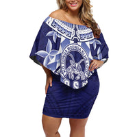 Personalised Tonga Queen Salote College Family Matching Off Shoulder Short Dress and Hawaiian Shirt Centenary Navy Version LT05 Mom's Dress Navy - Polynesian Pride