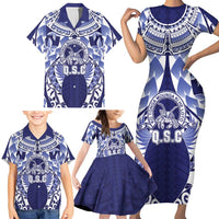 Personalised Tonga Queen Salote College Family Matching Short Sleeve Bodycon Dress and Hawaiian Shirt Centenary Navy Version LT05 - Polynesian Pride