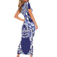 Personalised Tonga Queen Salote College Family Matching Short Sleeve Bodycon Dress and Hawaiian Shirt Centenary Navy Version LT05 - Polynesian Pride