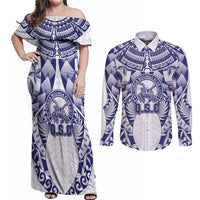 Personalised Tonga Queen Salote College Couples Matching Off Shoulder Maxi Dress and Long Sleeve Button Shirt Centenary White Version