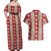 Hawaii Ohia Lehua Couples Matching Off Shoulder Maxi Dress and Hawaiian Shirt Tropical Vibes Crimson LT05 - Polynesian Pride