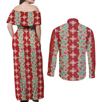 Hawaii Ohia Lehua Couples Matching Off Shoulder Maxi Dress and Long Sleeve Button Shirt Tropical Vibes Crimson LT05 - Polynesian Pride