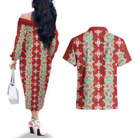 Hawaii Ohia Lehua Couples Matching Off The Shoulder Long Sleeve Dress and Hawaiian Shirt Tropical Vibes Crimson LT05 - Polynesian Pride