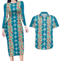Hawaii Ohia Lehua Couples Matching Long Sleeve Bodycon Dress and Hawaiian Shirt Tropical Vibes Teal LT05 Teal - Polynesian Pride