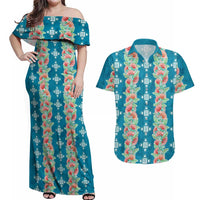 Hawaii Ohia Lehua Couples Matching Off Shoulder Maxi Dress and Hawaiian Shirt Tropical Vibes Teal LT05 Teal - Polynesian Pride