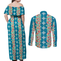 Hawaii Ohia Lehua Couples Matching Off Shoulder Maxi Dress and Long Sleeve Button Shirt Tropical Vibes Teal LT05 - Polynesian Pride