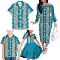 Hawaii Ohia Lehua Family Matching Off The Shoulder Long Sleeve Dress and Hawaiian Shirt Tropical Vibes Teal LT05 - Polynesian Pride