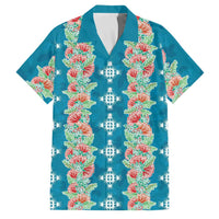 Hawaii Ohia Lehua Family Matching Off Shoulder Maxi Dress and Hawaiian Shirt Tropical Vibes Teal LT05 Dad's Shirt - Short Sleeve Teal - Polynesian Pride
